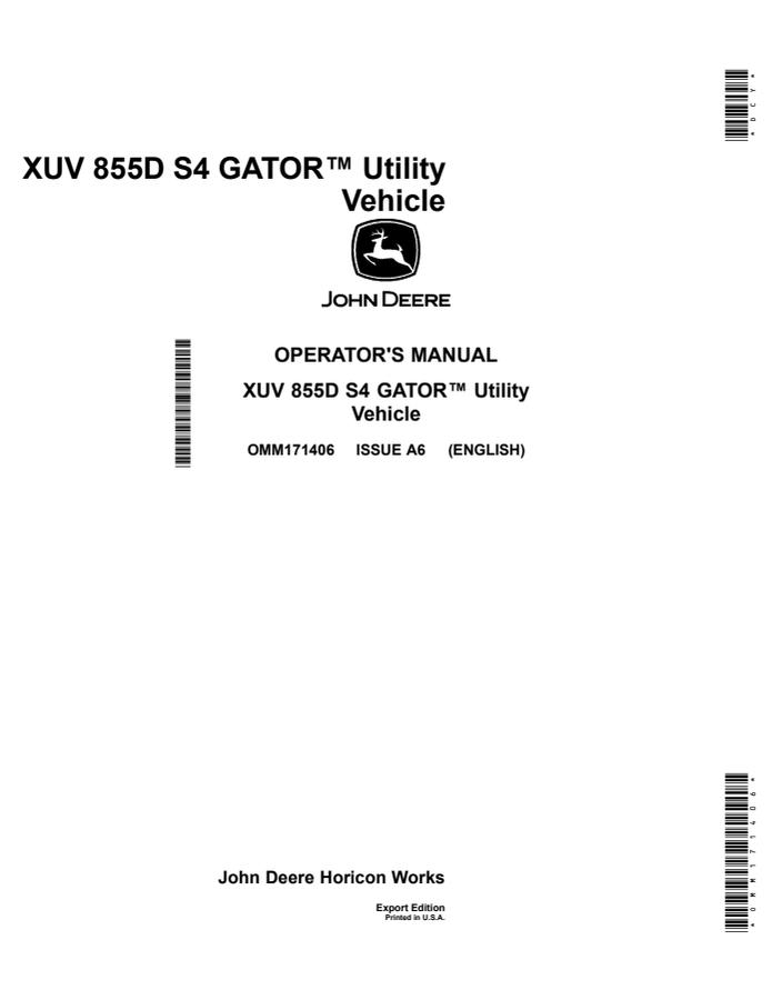 John Deere XUV 855D S4 Gator Utility Vehicle Operator's Manual OMM171406 — actual manual cover