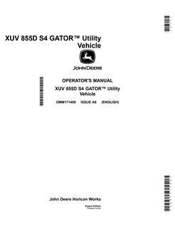 John Deere XUV 855D S4 Gator Utility Vehicle Operator's Manual OMM171406 — actual manual cover