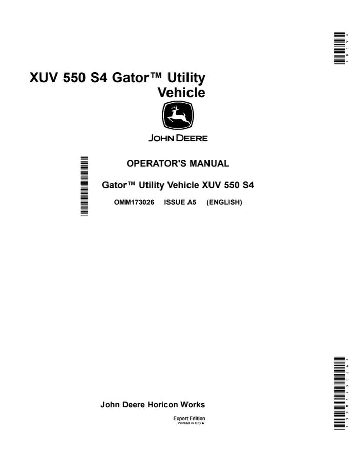 John Deere XUV550 S4 Utility Vehicle Operator Manual OMM173026 — actual manual cover