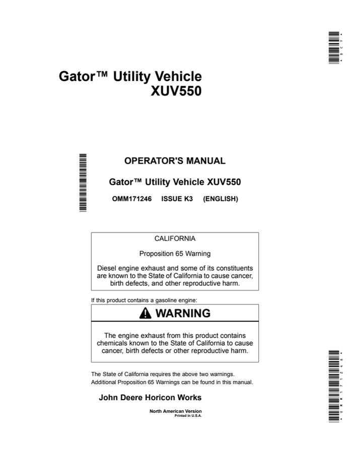 John Deere XUV550 Utility Vehicle Operator Manual OMM171246 — actual manual cover