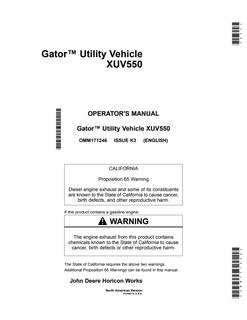John Deere XUV550 Utility Vehicle Operator Manual OMM171246 — actual manual cover