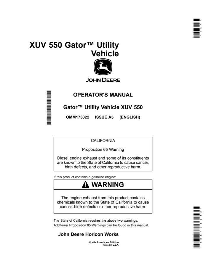 John Deere XUV550 Utility Vehicle Operator Manual OMM173022 — actual manual cover