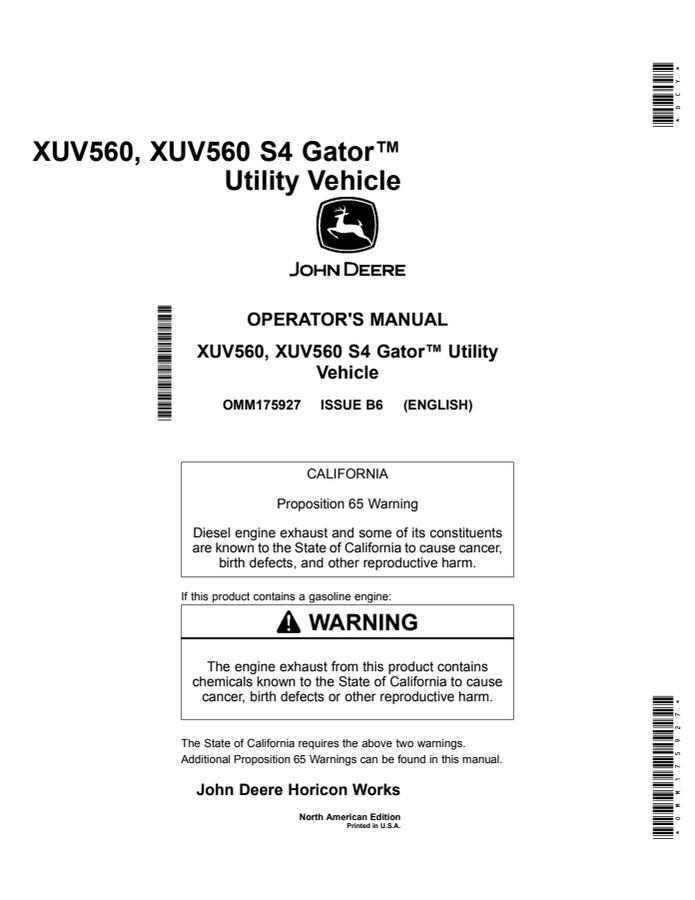 John Deere XUV560, XUV560 S4 Utility Vehicle Operator Manual OMM175927 — actual manual cover