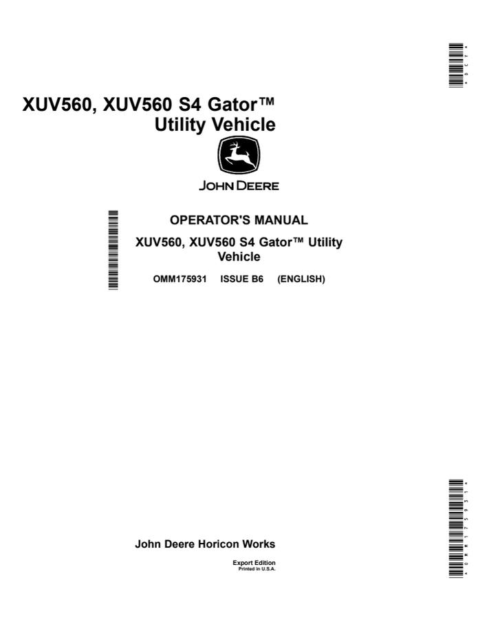 John Deere XUV560, XUV560 S4 Utility Vehicle Operator Manual OMM175931 — actual manual cover