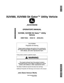 John Deere XUV560, XUV560 S4 Utility Vehicle Operator Manual OMM178604 — actual manual cover