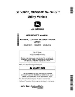 John Deere XUV560E, XUV560E S4 Utility Vehicle Operator Manual OMUC12876 — actual manual cover