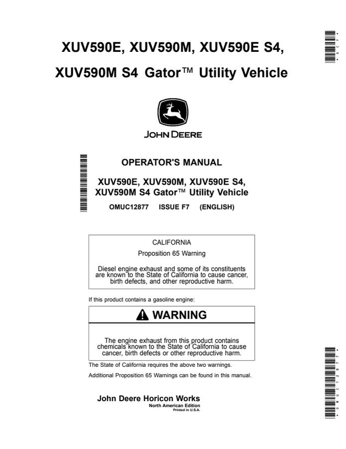 John Deere XUV590E, XUV590M, XUV590E S4, XUV590M S4 Utility Vehicle Operator Manual OMUC12877 — actual manual cover