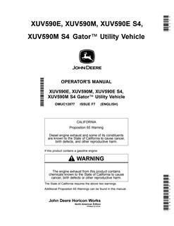 John Deere XUV590E, XUV590M, XUV590E S4, XUV590M S4 Utility Vehicle Operator Manual OMUC12877 — actual manual cover
