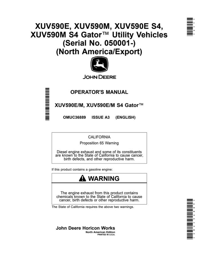 John Deere XUV590E, XUV590M, XUV590E S4, XUV590M S4 Utility vehicle Operator manual OMUC36889 — actual manual cover