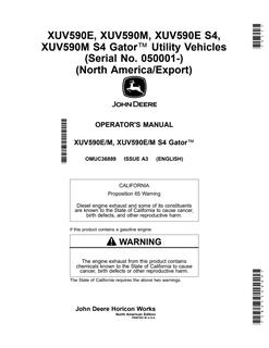 John Deere XUV590E, XUV590M, XUV590E S4, XUV590M S4 Utility vehicle Operator manual OMUC36889 — actual manual cover