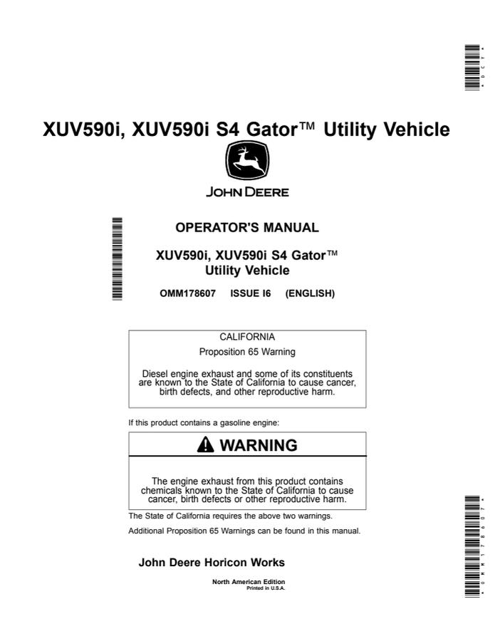 John Deere XUV590i, XUV590i S4 Utility vehicle Operator manual OMM178607 — actual manual cover