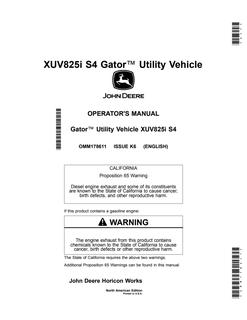 John Deere XUV825i S4 Utility Vehicle Operator Manual OMM178611 — actual manual cover