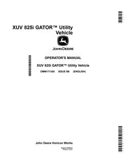 John Deere XUV825i Utility Vehicle Operator Manual OMM171355 — actual manual cover