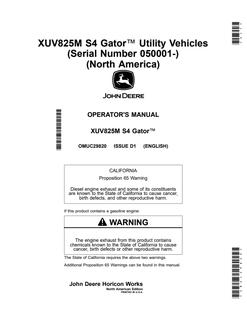 John Deere XUV825M S4 Utility vehicle Operator manual OMUC29820 — actual manual cover