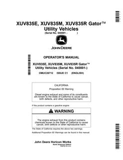 John Deere XUV835E, XUV835M, XUV835R Utility vehicle Operator manual OMUC26712 — actual manual cover