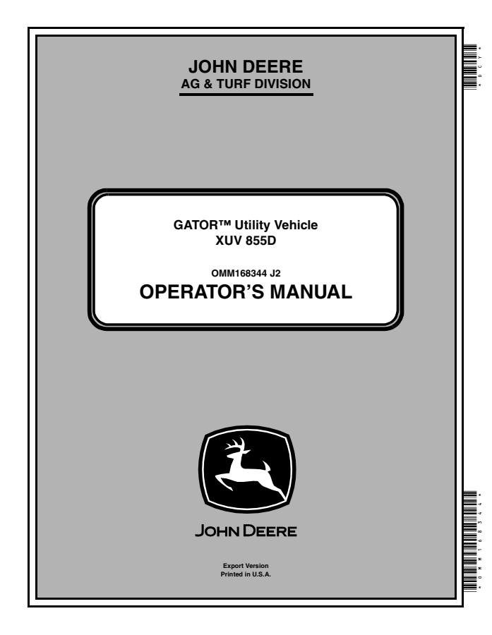 John Deere XUV855D Utility vehicle Operator manual OMM168344 — actual manual cover