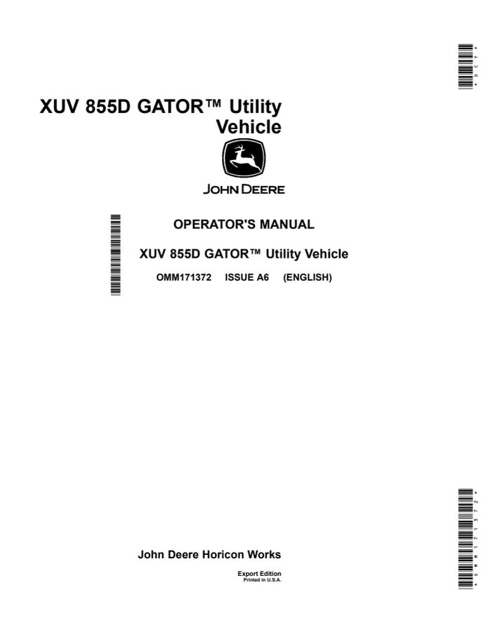 John Deere XUV855D Utility vehicle Operator manual OMM171372 — actual manual cover