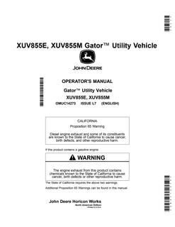 John Deere XUV855E, XUV855M Utility Vehicle Operator Manual OMUC14273 — actual manual cover