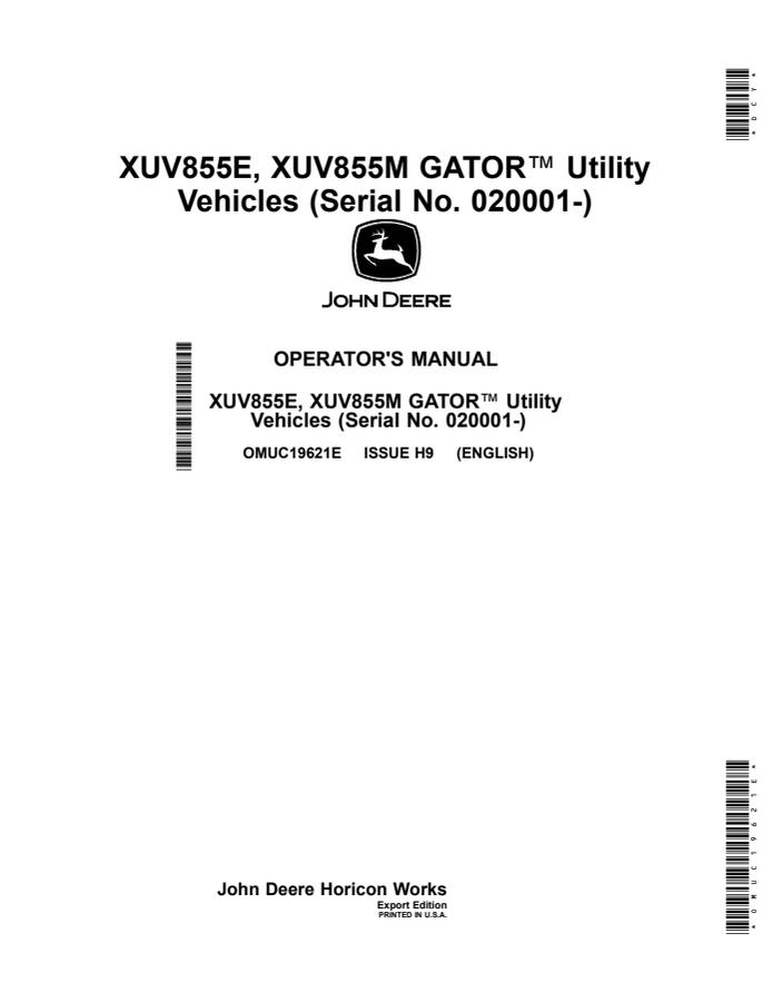 John Deere XUV855E, XUV855M Utility vehicle Operator manual OMUC19621E — actual manual cover