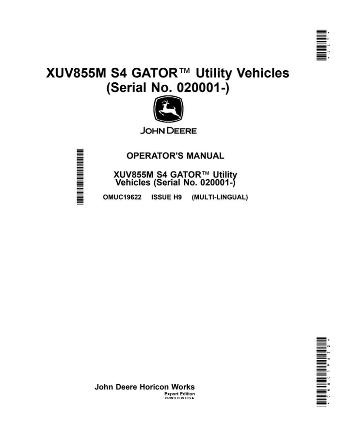 John Deere XUV855M S4 Utility vehicle Operator manual OMUC19622 — actual manual cover