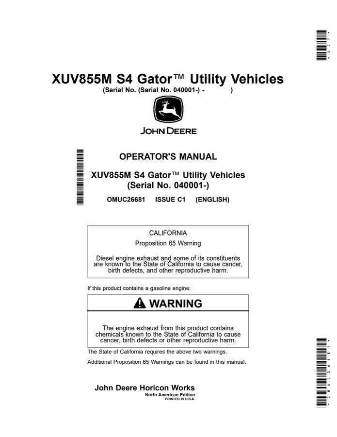 John Deere XUV855M S4 Utility vehicle Operator manual OMUC26681 — actual manual cover