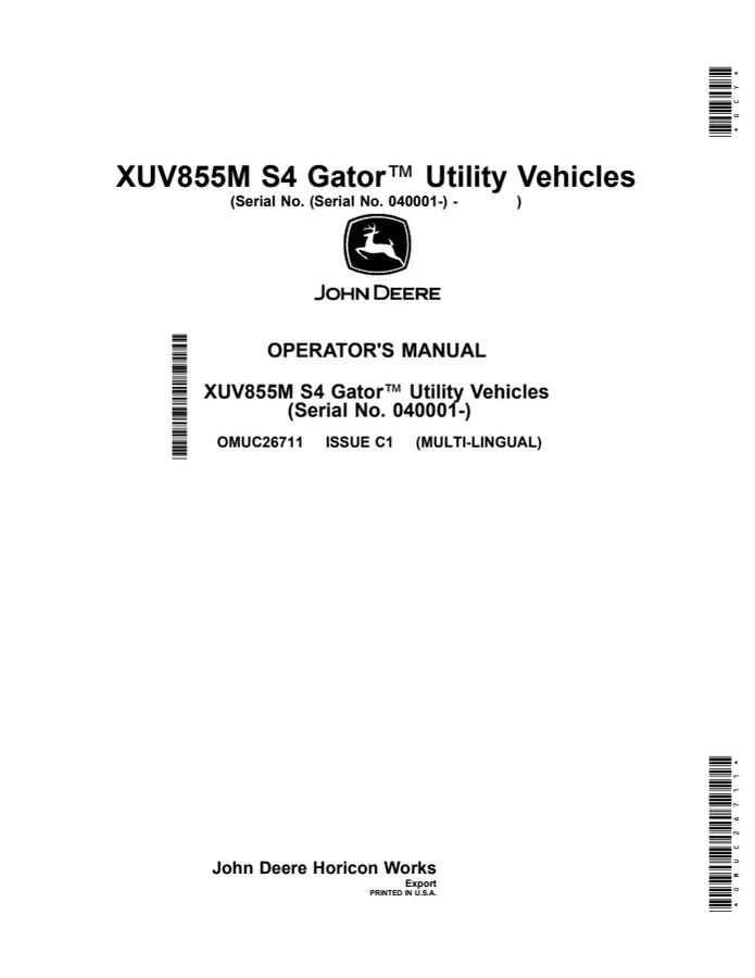 John Deere XUV855M S4 Utility vehicle Operator manual OMUC26711 — actual manual cover