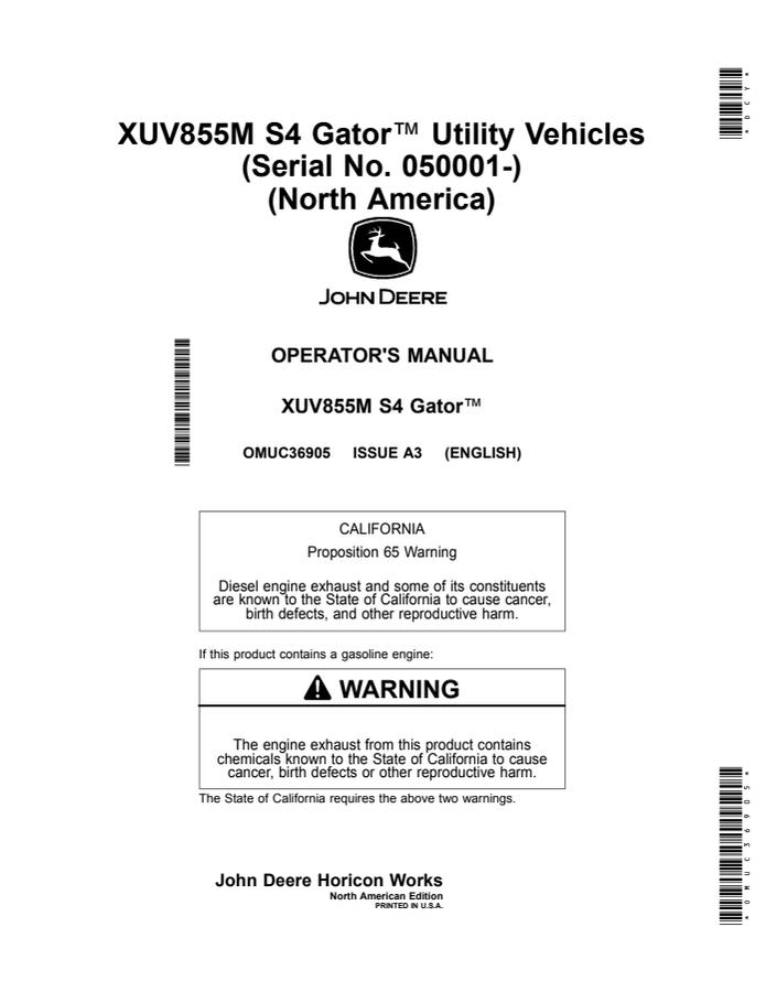 John Deere XUV855M S4 Utility vehicle Operator's manual OMUC36905 — actual manual cover