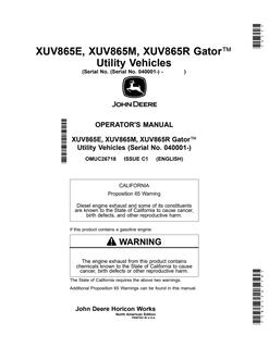 John Deere XUV865E, XUV865M, XUV865R Utility vehicle Operator manual OMUC26718 — actual manual cover