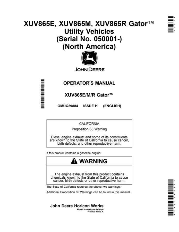 John Deere XUV865E, XUV865M, XUV865R Utility vehicle Operator manual OMUC29884 — actual manual cover