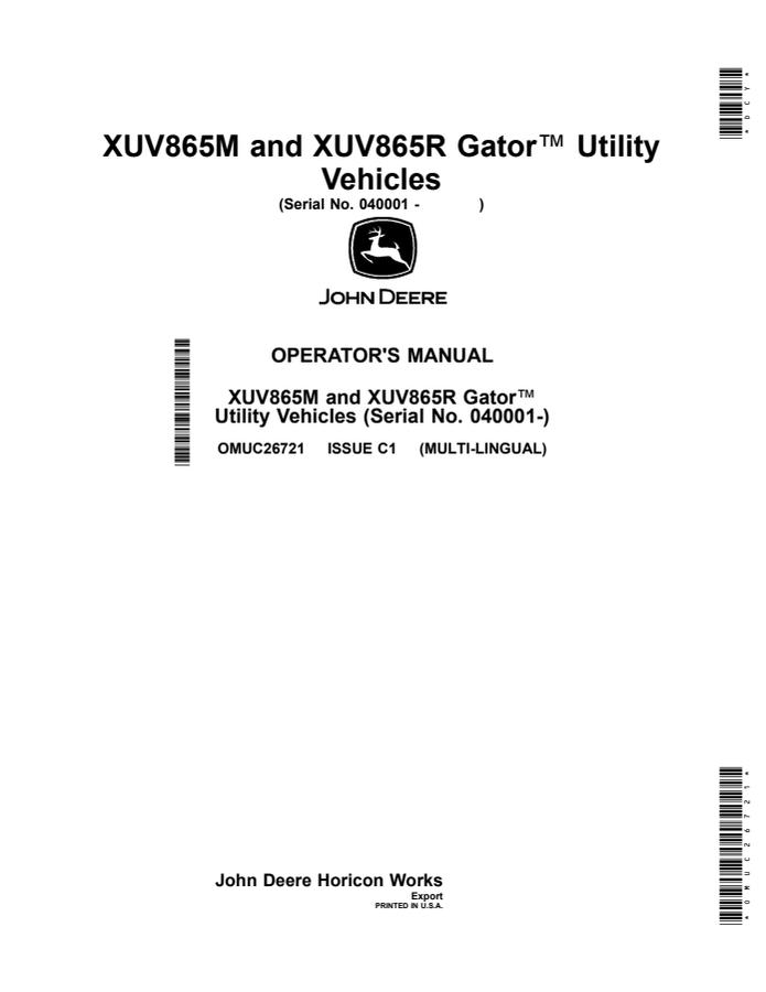 John Deere XUV865M, XUV865R Utility vehicle Operator manual OMUC26721 — actual manual cover