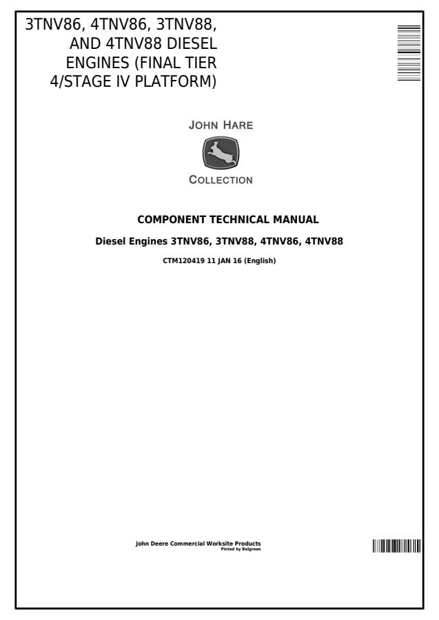 John Deere Yanmar 3TNV86, 4TNV86, 3TNV88, 4TNV88 Engine Component technical manual CTM120419 — actual manual cover