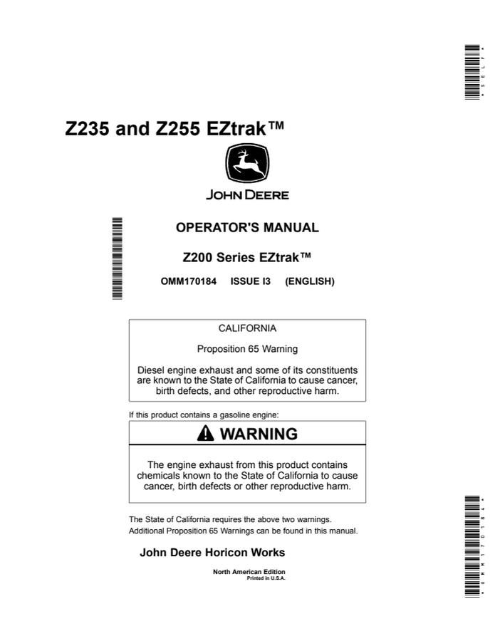John Deere Z235, Z255 Zero-turn mower Operator manual OMM170184 — actual manual cover