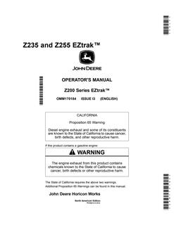 John Deere Z235, Z255 Zero-turn mower Operator manual OMM170184 — actual manual cover