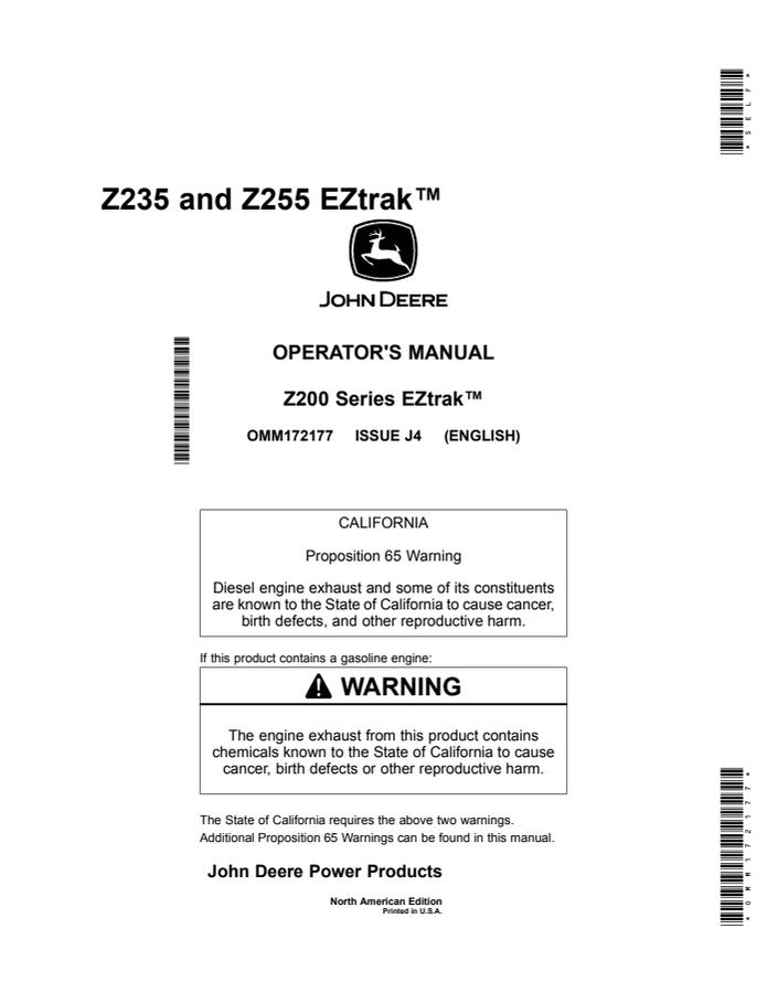 John Deere Z235, Z255 Zero-turn mower Operator manual OMM172177 — actual manual cover