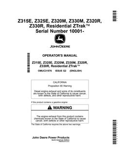 John Deere Z315E, Z325E, Z320M, Z330M, Z320R, Z330R Zero-turn mower Operator manual OMUC31576 — actual manual cover