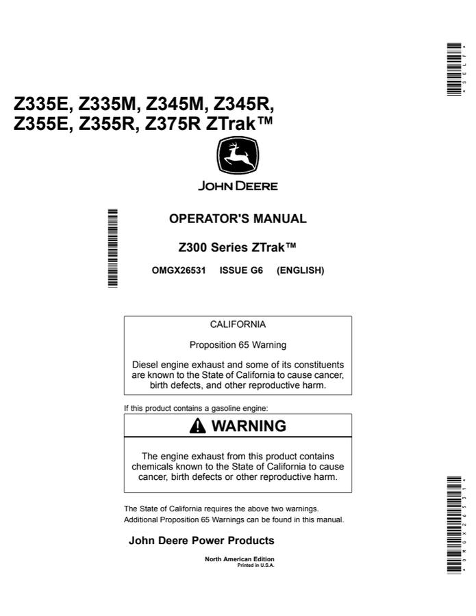 John Deere Z335E, Z335M, Z345M, Z345R, Z355E, Z355R, Z375R Zero-turn mower Operator manual OMGX26531 — actual manual cover