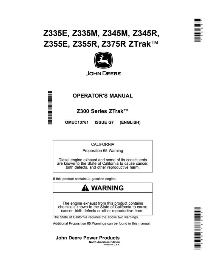 John Deere Z335E, Z335M, Z345M, Z345R, Z355E, Z355R, Z375R Zero-turn mower Operator manual OMUC13761 — actual manual cover