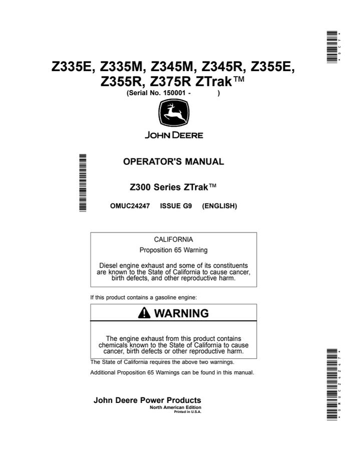 John Deere Z335E, Z335M, Z345M, Z345R, Z355E, Z355R, Z375R Zero-turn mower Operator manual OMUC24247 — actual manual cover