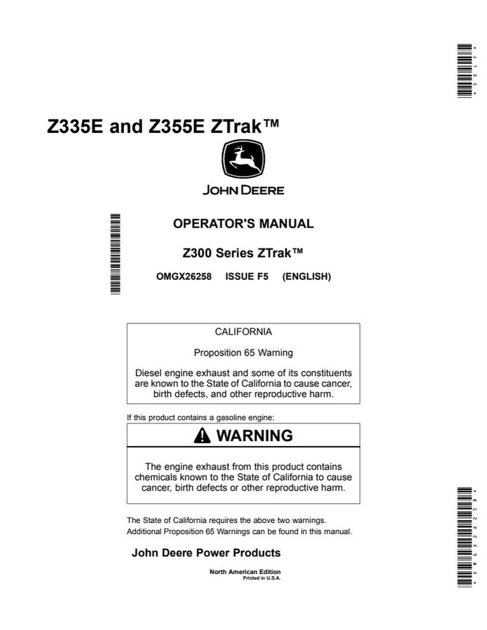 John Deere Z335E, Z355E Zero-turn mower Operator manual OMGX26258 — actual manual cover