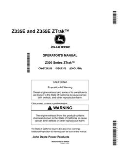 John Deere Z335E, Z355E Zero-turn mower Operator manual OMGX26258 — actual manual cover