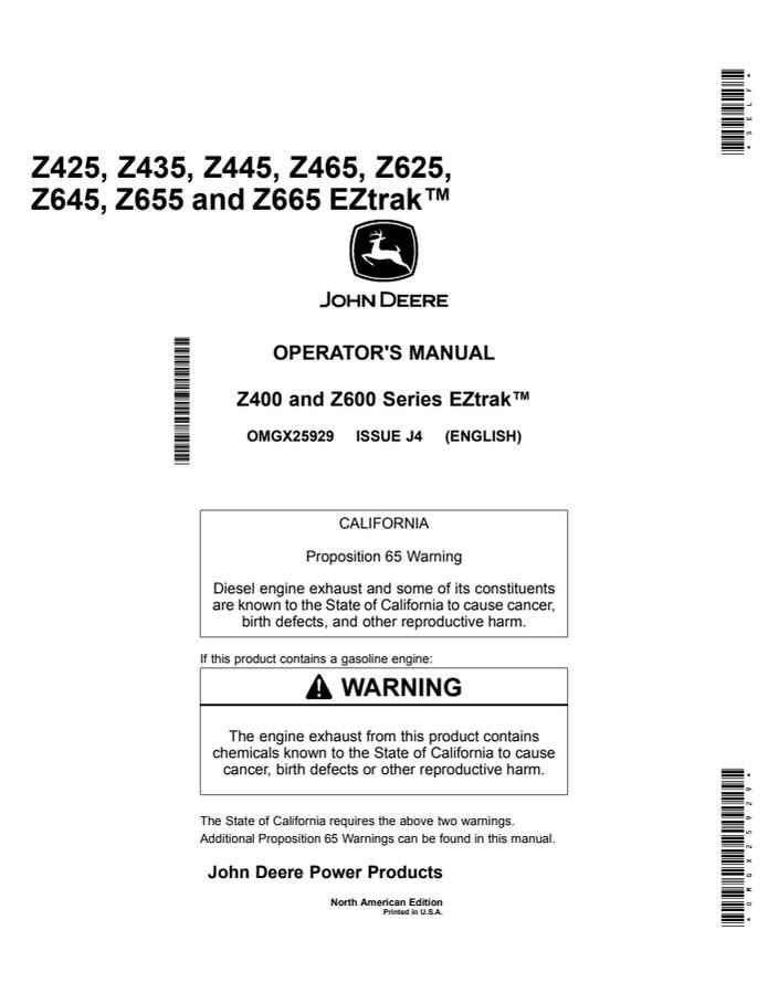 John Deere Z425, Z435, Z445, Z465, Z625, Z645, Z655, Z665 Zero-turn mower Operator manual OMGX25929 — actual manual cover