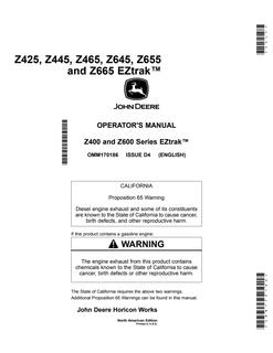 John Deere Z425, Z445, Z465, Z645, Z655, Z665 Zero-turn mower Operator manual OMM170186 — actual manual cover