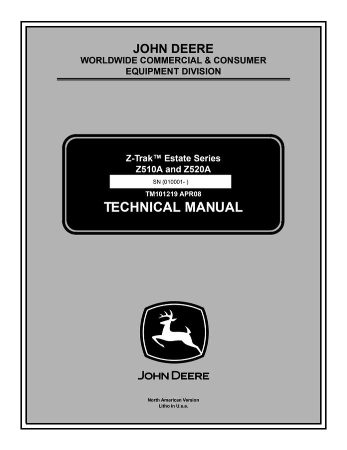 John Deere Z510A, Z520A Z-Trak Estate Mower Technical Manual TM101219 — actual manual cover