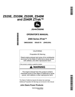 John Deere Z525E, Z535M, Z535R, Z540M, Z540R Zero-turn mower Operator manual OMGX26263 — actual manual cover