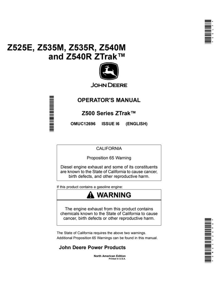 John Deere Z525E, Z535M, Z535R, Z540M, Z540R Zero-turn mower Operator manual OMUC12696 — actual manual cover