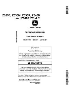 John Deere Z525E, Z535M, Z535R, Z540M, Z540R Zero-turn mower Operator manual OMUC12696 — actual manual cover