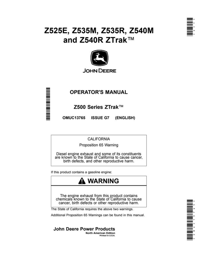 John Deere Z525E, Z535M, Z535R, Z540M, Z540R Zero-turn mower Operator manual OMUC13765 — actual manual cover