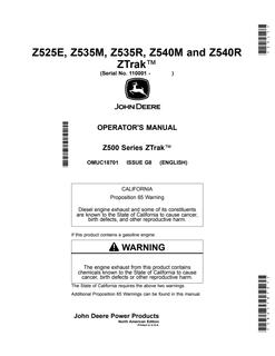 John Deere Z525E, Z535M, Z535R, Z540M, Z540R Zero-turn mower Operator manual OMUC18701 — actual manual cover