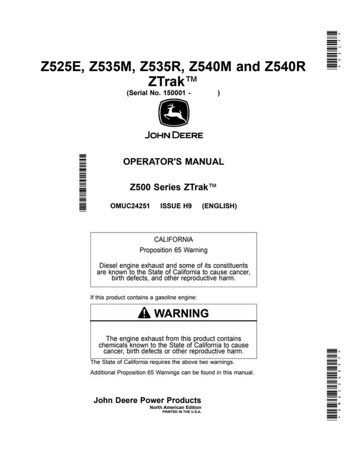 John Deere Z525E, Z535M, Z535R, Z540M, Z540R Zero-turn mower Operator manual OMUC24251 — actual manual cover