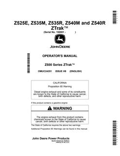 John Deere Z525E, Z535M, Z535R, Z540M, Z540R Zero-turn mower Operator manual OMUC24251 — actual manual cover